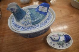 2x Blue & White Porcelain Lidded Chicken Dishes