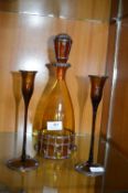 Coloured Glass Decanter and Two Glasses with Copper Decoration