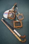 Vintage Tennis and Badminton Rackets, and 2x Hockey Sticks