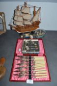 Cutlery Canteens, Teaspoons, Model Ship, and 2x Ships in Bottles