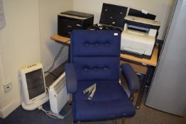 *Blue Office Chair, 2x Electric Heaters, 2x Computer Monitors, Samsung Printer, Office Desk, and a