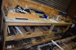 *Timber Workbench with Formica Top, Plastic Storage Boxes, and Contents of Various Stainless Steel