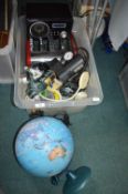 Mixed Lot Including Four Slice Toaster, Digital Radio, Bicycle Air Pump, Fishing Reel, and a Globe
