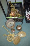 Assorted Brassware, Candlesticks, Fire Tongs, etc.