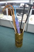 Brass Stick Stand Containing Walking Canes, Sticks