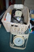 Wicker Basket Containing Food Mixed, Wall Clock, Cooking Pans and Utensils, etc.