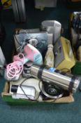 Box of Electricals Including Hair Dryers, CD Player, Radio, etc.