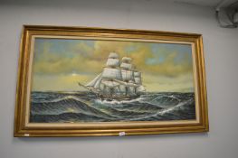 Oil on Canvas Paint of a Ship at Sea