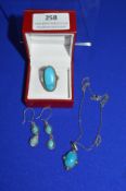 Silver & Turquoise Jewellery Set Including Ring, Pendant, and Pair of Earrings