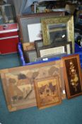 Quantity of Framed Pictures and Prints Including Marquetry Pictures (box not included)