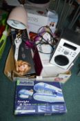 Box of Electricals Including Hair Stylers, Radio, Lamp, etc.