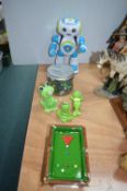 Frog Ornaments, Snooker Aasshtray, Marble, and a Robot