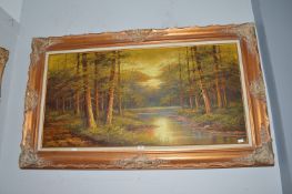 Oil on Canvas Woodland Lakeside Scene by Peter Tinsley