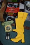Box of Retro Telephone, Yellow Boots, Binoculars, Clocks, etc.