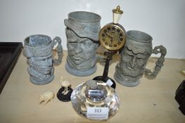 Pewter Tankards and a Crystal Table Lighter etc.