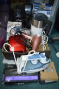 Box of Electricals Including Hair Dryers, Steam Iron, Kettle, etc.