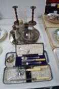 Cased Serving Set, Candlesticks, Plated Trays, Serving Dishes, etc.