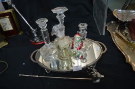 Mirrored Tray, Candle Snuffer, Candlesticks, and Candles