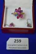 Multicoloured Gemstone Silver Ring and Pair of Drop Earring