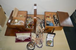 Wooden Extending Sewing Box Containing Costume Jewellery
