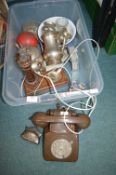 Vintage Items Including Lighthouse Lamp, Telephone, EPNS Box, etc.