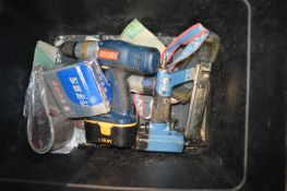 Box of Assorted Tools Including Drill, Nail Gun, etc.