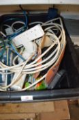 Box of Assorted Cable, Lightbulbs, Extensions, Wire, etc.