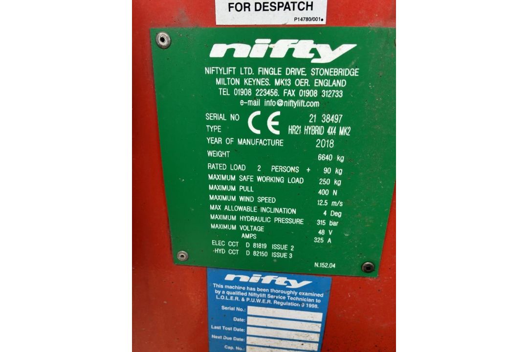 Niftylift HR21 Hybrid 4x4 21mtr Multi-Power Articulating Boom - Image 20 of 20