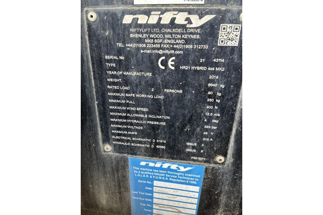Niftylift HR21 Hybrid 4x4 21mtr Multi-Power Articulating Boom - Image 19 of 19