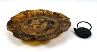 A Japanese wall mounted plate together with a cast iron tetsubin
