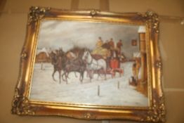 Oil painting of a winter coach scene by B J Davis