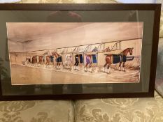 Painting of seven horses standing in stalls by H W Standing dated 1891