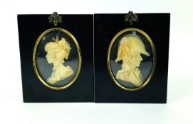 A pair of 19th century carved wax relief profiles housed in ebonised frames