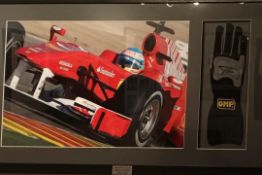 Large Framed Presentation of a Fernando Alonso Signed OMP Racing Glove and His Ferrari