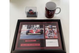 Gilles Villeneuve-Signed Composition with Tribute Mug and Miniature Helmet