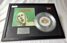 1 x Framed QUEEN Silver 7 Inch Vinyl Record - WE WILL ROCK YOU - Mounted and Framed