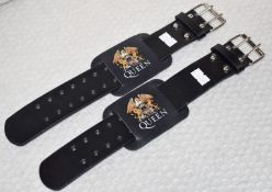2 x Queen Adjustable Leather Wrist Straps With Crest Logo - Studded Leather With Metal Buckle -