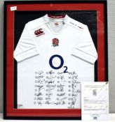 1 x England 2014-2015 O2 International Rugby Shirt - Signed with 33 Team Autographs - With COA