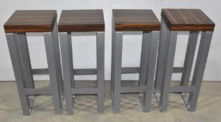 4 x Contemporary Bar Stools Featuring a Macassar Ebony Finish and Heavy Duty Steel Bases -