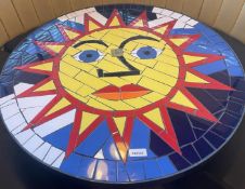 1 x Bespoke Psychedelic Sun Mosaic Dining Table With Cast Iron Base - Height 74 x Diameter 96