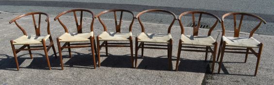6 x Wishbone Dining Chairs in the Style of Danish Designer Hans Wegner - Solid Wood with Rattan Seat