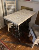 1 x Shabby Chic Table With Metal Industrial Sewing Machine Base And A Wooden Top Plus 2 Wooden