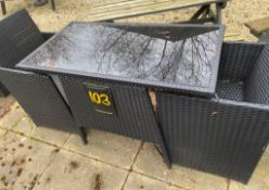 1 x Black Rattan Style Outdoor Glass Top Table With Two Seats - Ref: OD103/58 - CL977 - Location: