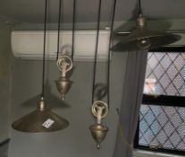 1 x Beautiful Twin Pewter Pendant Light With Adjustable Height By Pulley , Working - Ref: PA077/