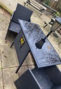 1 x Black Rattan Style Outdoor Glass Top Table With Two Seats - Ref: OD102/57 - CL977 - Location: