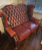 1 x Oxblood Red Leather Chesterfield Highback Sofa In Good Condition - (HxWxD) 1400 X 1300 X 900mm -