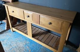 1 x Rustic Solid Oak 3-Drawer Console Table / Kitchen Work Station with Undershelf - CL985 - NO