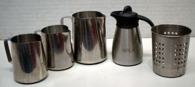 4 x Stainless Steel Jugs & 1 x Cutlery Holder