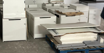 12 x AV Media Cabinets Manufactured by AV, Pallet of Desk Parts and Some White Drawer Pedestals
