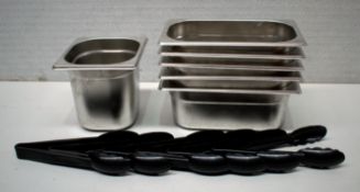 6 x Stainless Steel Gastronorm Pans & 6 x Serving Tongs